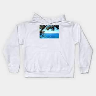 View in Positano with large and small boats skimming the Tyrrhenian Sea Kids Hoodie